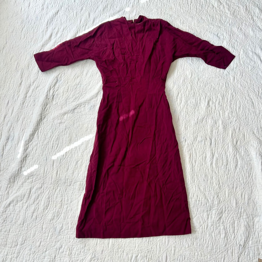 Antique 1940s Burgundy wool Dress 3/4 Sleeve